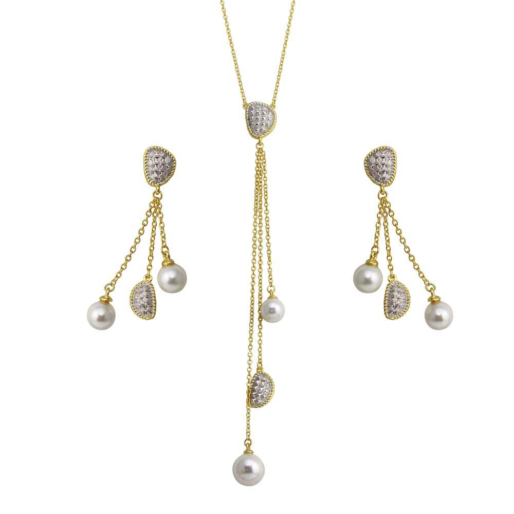 Sterling Silver 2 Toned Gold Plated Drop 3 Stranded Synthetic Pearl Set