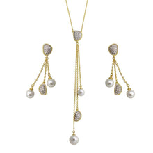 Load image into Gallery viewer, Sterling Silver 2 Toned Gold Plated Drop 3 Stranded Synthetic Pearl Set