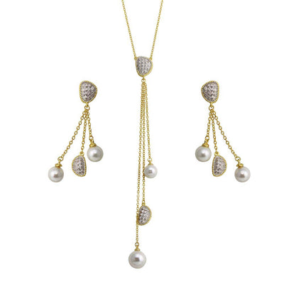 Sterling Silver 2 Toned Gold Plated Drop 3 Stranded Synthetic Pearl Set