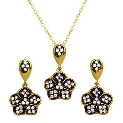 Sterling Silver Gold Plated Flower Necklace and Earrings Set with CZ