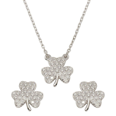 Sterling Silver Rhodium Plated Clover Necklace and Earring Set with CZ