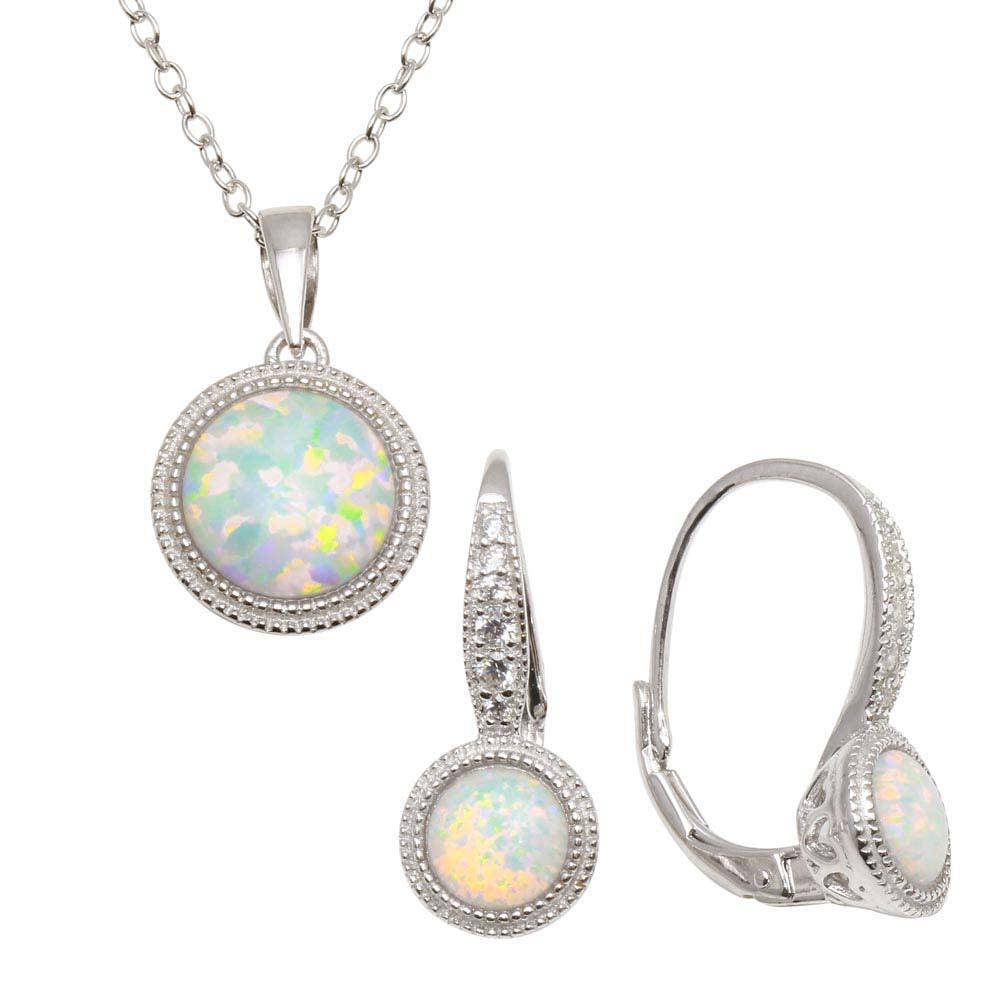 Sterling Silver Rhodium Plated Synthetic Opal Earrings and Necklace Set with CZ