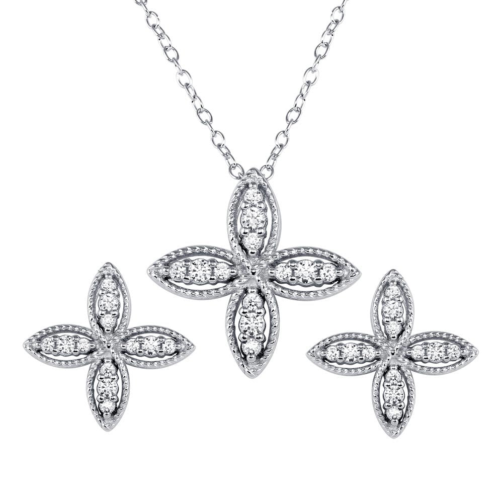 Sterling Silver Four Petal Flower Necklace and Earrings Set