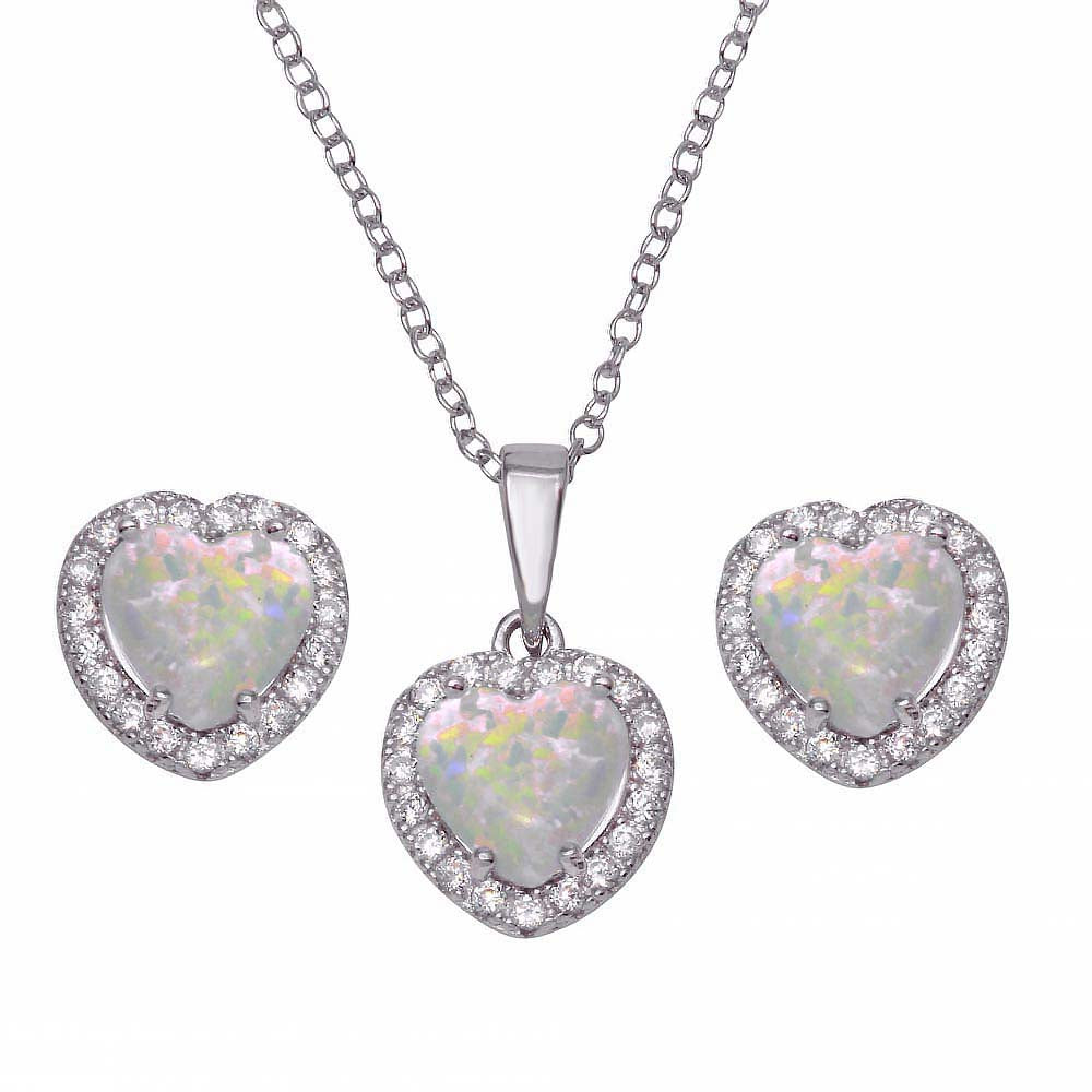 Sterling Silver Rhodium Plated Halo Heart Set with Synthetic Opal and CZ