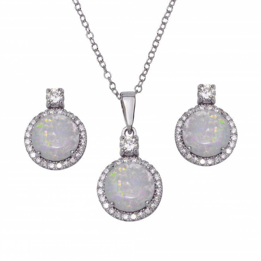Sterling Silver Round Synthetic Opal Necklace and Earrings Set