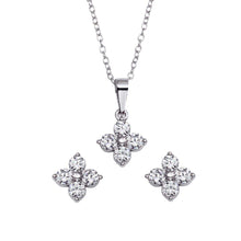 Load image into Gallery viewer, Sterling Silver Rhodium Plated CZ Flower Pendant Necklace and Stud Earrings Set