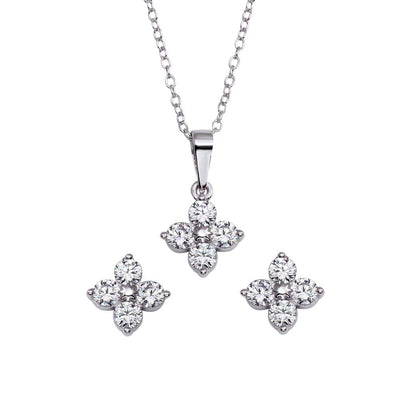 Sterling Silver Rhodium Plated CZ Flower Pendant Necklace and Stud Earrings Set