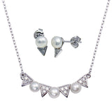 Sterling Silver Rhodium Plated Triangle and Synthetic Pearl Pendant Necklace and Stud Earrings Set With CZ  Stones