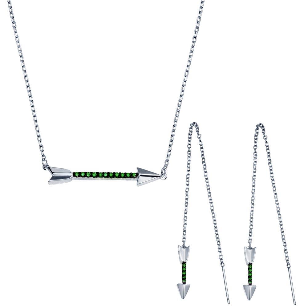 Sterling silver Rhodium Plated Green Arrow Necklace and Dangling Earrings CZ Set