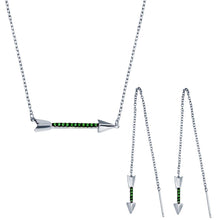 Load image into Gallery viewer, Sterling silver Rhodium Plated Green Arrow Necklace and Dangling Earrings CZ Set