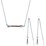 Sterling Silver Rhodium Plated Arrow Pendant Necklace and Dangling Earrings Set with Red CZ