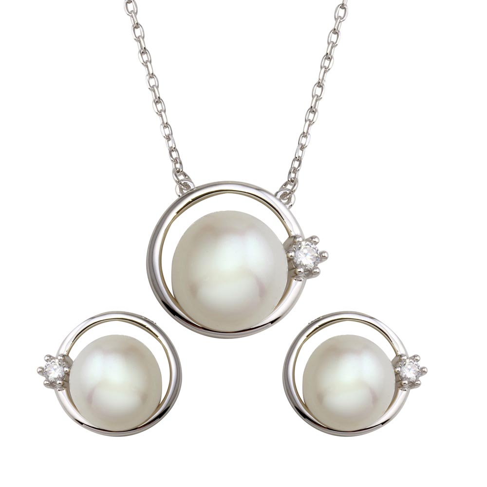 Sterling Silver Round Synthetic Pearl with CZ Set