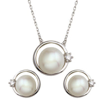 Load image into Gallery viewer, Sterling Silver Round Synthetic Pearl with CZ Set