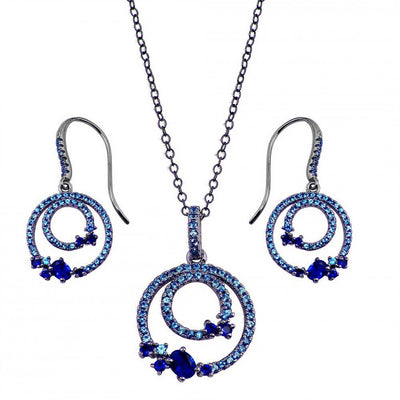Sterling Silver Rhodium Plated Double Circle Earrings With Blue CZ And Necklace Set