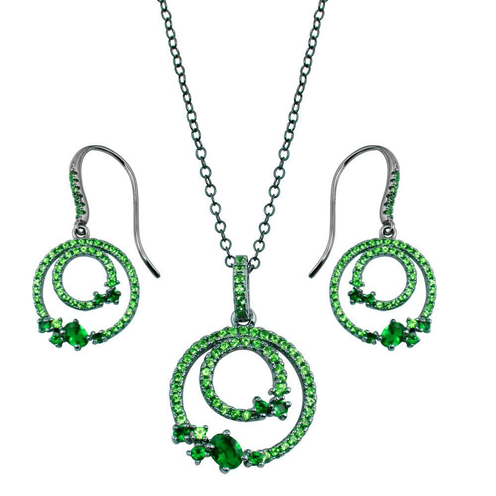 Sterling Silver Rhodium Plated Double Circle Earrings With Green CZ And Necklace Set