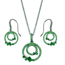 Load image into Gallery viewer, Sterling Silver Rhodium Plated Double Circle Earrings With Green CZ And Necklace Set