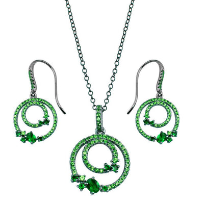 Sterling Silver Rhodium Plated Double Circle Earrings With Green CZ And Necklace Set