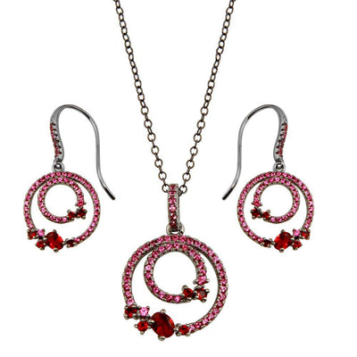 Sterling Silver Rhodium Plated Double Circle Earrings With Red CZ And Necklace Set
