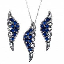 Load image into Gallery viewer, Sterling Silver Black Rhodium Plated Wing Pendant With Blue CZ And Earrings Set