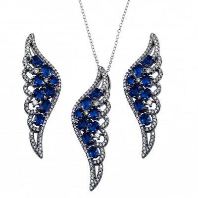 Sterling Silver Black Rhodium Plated Wing Pendant With Blue CZ And Earrings Set