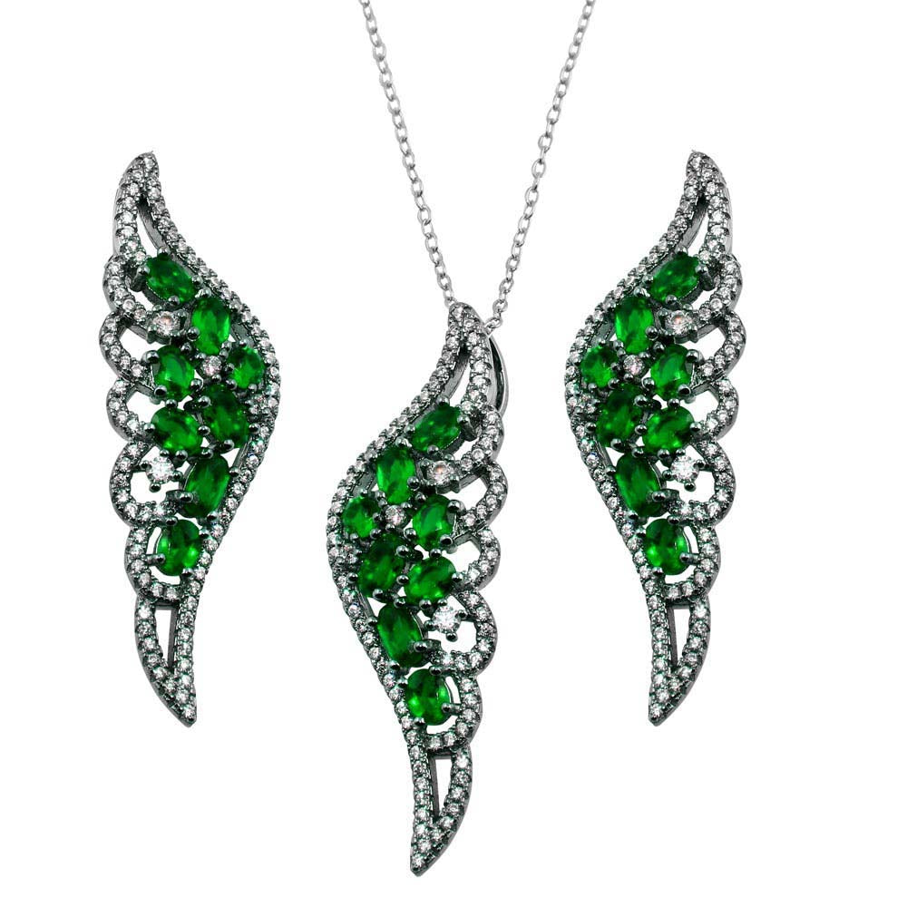 Sterling Silver Black Rhodium Plated Wing Pendant With Green CZ And Earrings Set