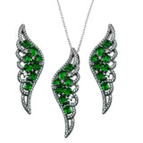 Sterling Silver Black Rhodium Plated Wing Pendant With Green CZ And Earrings Set