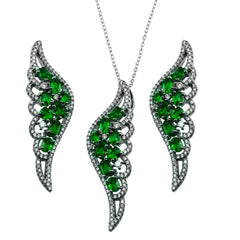 Sterling Silver Black Rhodium Plated Wing Pendant With Green CZ And Earrings Set