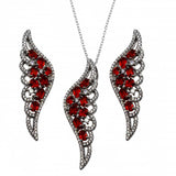 Sterling Silver Black Rhodium Plated Wing Pendant With Red CZ And Earrings Set