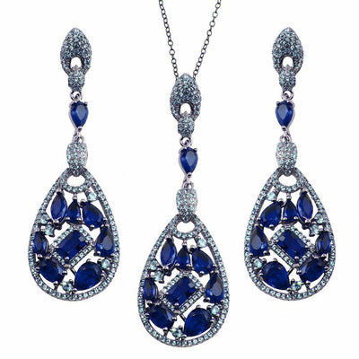 Sterling Silver Rhodium Plated Dangling Teardrop With Blue CZ Necklace and Earrings Set
