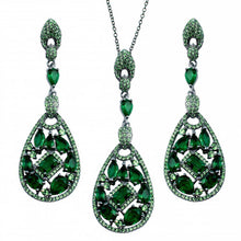 Load image into Gallery viewer, Sterling Silver Rhodium Plated Dangling Teardrop With Green CZ Necklace and Earrings Set