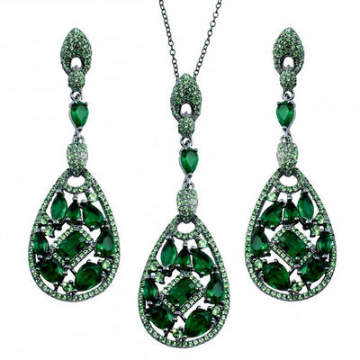 Sterling Silver Rhodium Plated Dangling Teardrop With Green CZ Necklace and Earrings Set