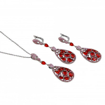 Sterling Silver Rhodium Plated Dangling Teardrop With Red CZ Necklace and Earrings Set