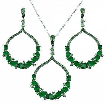 Sterling Silver Rhodium Plated Dangling Earrings and With Green CZ Necklace Set