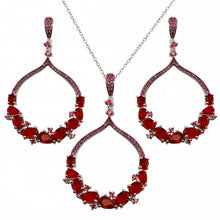 Load image into Gallery viewer, Sterling Silver Rhodium Plated Dangling Earrings and With Red CZ Necklace Set