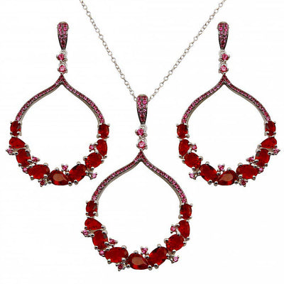 Sterling Silver Rhodium Plated Dangling Earrings and With Red CZ Necklace Set