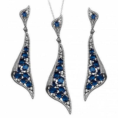 Sterling Silver Rhodium Plated Dangling Earrings and With Blue CZ Necklace Set