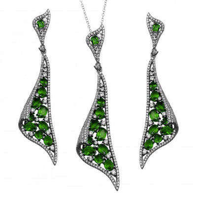 Sterling Silver Rhodium Plated Dangling Earrings and With Green CZ Necklace Set
