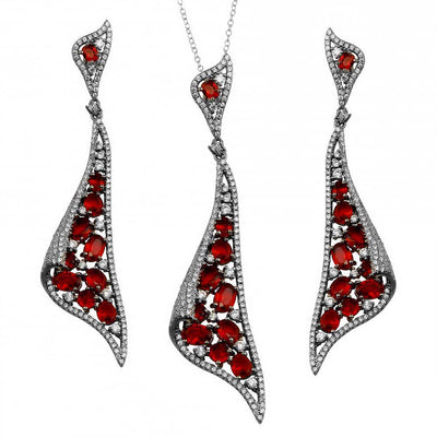 Sterling Silver Rhodium Plated Dangling Earrings and With Red CZ Necklace Set
