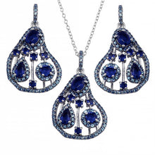 Load image into Gallery viewer, Sterling Silver Rhodium Plated Dangling Pear-Shaped With Blue CZ Necklace and Earrings Set