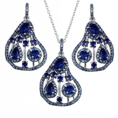 Sterling Silver Rhodium Plated Dangling Pear-Shaped With Blue CZ Necklace and Earrings Set