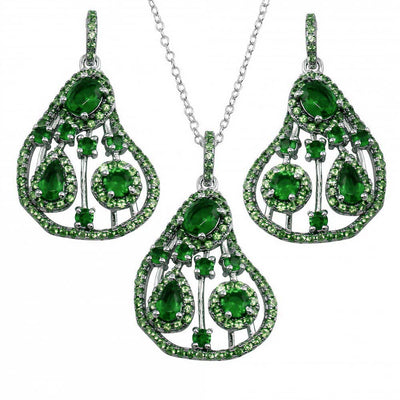 Sterling Silver Rhodium Plated Dangling Pear-Shaped With Green CZ Necklace and Earrings Set