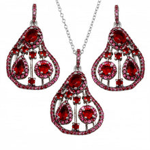 Load image into Gallery viewer, Sterling Silver Rhodium Plated Dangling Pear-Shaped With Red CZ Necklace and Earrings Set