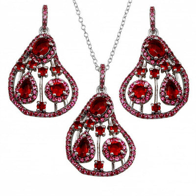 Sterling Silver Rhodium Plated Dangling Pear-Shaped With Red CZ Necklace and Earrings Set