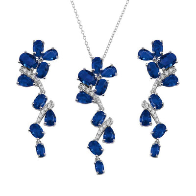Sterling Silver Rhodium Plated Dangling Flower With Blue CZ Necklace and Earrings Set