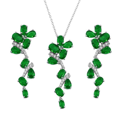 Sterling Silver Rhodium Plated Dangling Flower With Green CZ Necklace and Earrings Set