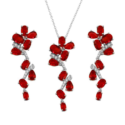 Sterling Silver Rhodium Plated Dangling Flower With Red CZ Necklace and Earrings Set