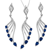 Load image into Gallery viewer, Sterling Silver Rhodium Plated Wing Necklace and Earrings Set with Blue CZ