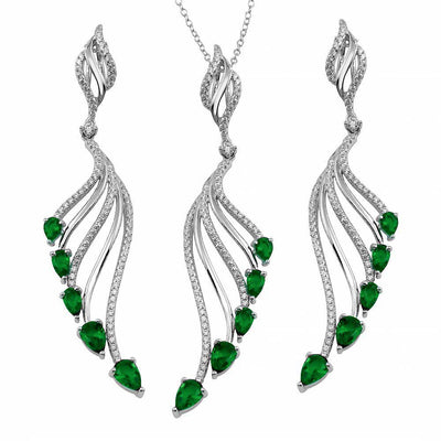 Sterling Silver Rhodium Plated Wing Necklace and Earrings Set with Green CZ