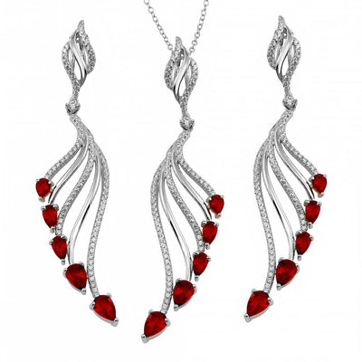 Sterling Silver Rhodium Plated Wing Necklace and Earrings Set with Red CZ