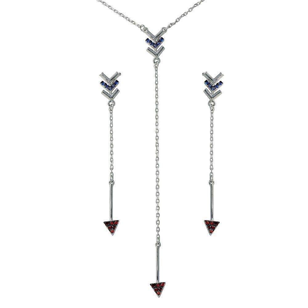 Sterling Silver Rhodium Plated Dangling With CZ Arrow Earrings And Necklace Set
